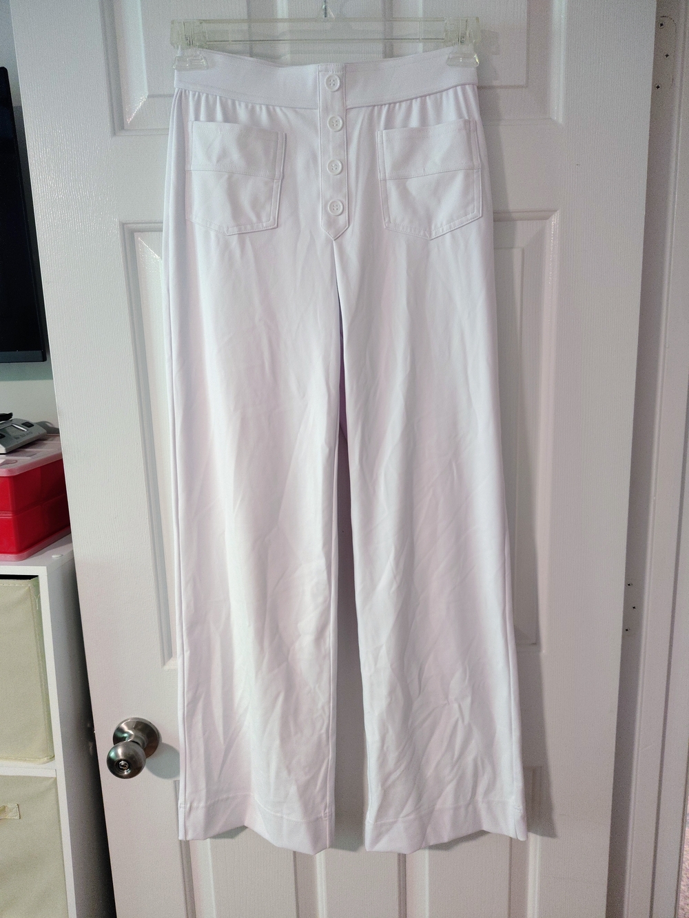 HALARA White Faux Button-Front Straight Leg Stretch Pants Back Pockets